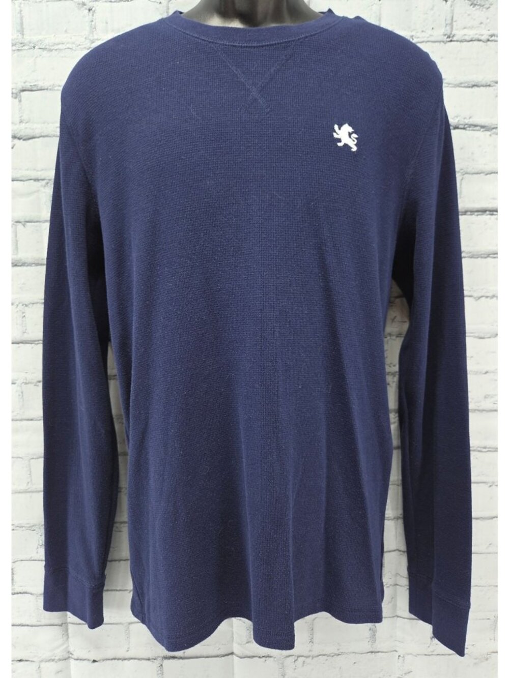 Express Mens Navy Waffle Knit Long Sleeve Crewneck Shirt XL Casual Lion Logo